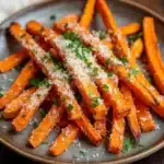 Garlic parmesan carrot fries - the image shows a plate of freshly baked sweet potato fries. the fries are golden brown and appear to be crispy on the outside. they are arranged in a circular pattern on the plate, with some overlapping each other. on top of the fries, there is a generous amount of grated parmesan cheese, which is sprinkled with chopped parsley. the plate is sitting on a wooden table with a white cloth napkin in the background. the overall color scheme of the image is warm and inviting.
