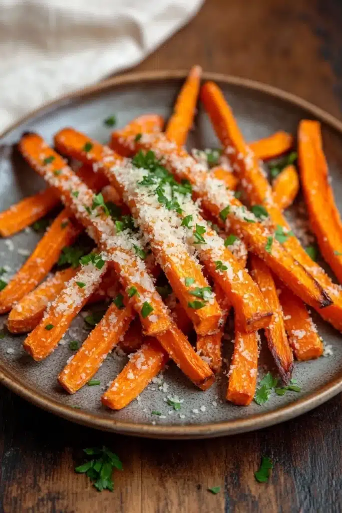 Garlic parmesan carrot fries - the image shows a plate of freshly baked sweet potato fries. the fries are golden brown and appear to be crispy on the outside. they are arranged in a circular pattern on the plate, with some overlapping each other. on top of the fries, there is a generous amount of grated parmesan cheese, which is sprinkled with chopped parsley. the plate is sitting on a wooden table with a white cloth napkin in the background. the overall color scheme of the image is warm and inviting.