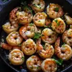 Garlic shrimp in cast iron skillet - the image shows a black cast iron skillet filled with cooked shrimp. the shrimp are golden brown and appear to be seasoned with herbs and spices. they are arranged in a circular pattern in the skillet, with some overlapping each other. there are two lemon wedges on either side of the skillet and a sprig of parsley on the side. the skillet is sitting on a dark grey countertop.