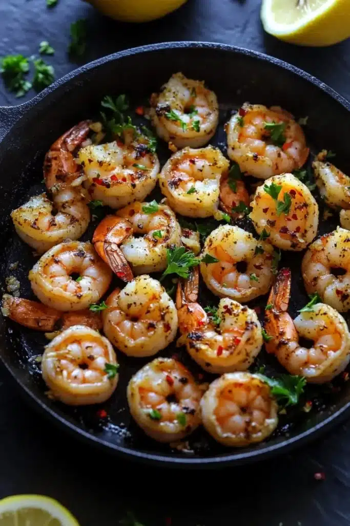 Garlic shrimp in cast iron skillet - the image shows a black cast iron skillet filled with cooked shrimp. the shrimp are golden brown and appear to be seasoned with herbs and spices. they are arranged in a circular pattern in the skillet, with some overlapping each other. there are two lemon wedges on either side of the skillet and a sprig of parsley on the side. the skillet is sitting on a dark grey countertop.