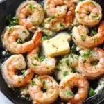 Garlic shrimp in cast iron skillet - the image shows a black cast iron skillet with cooked shrimp in it. the shrimp are pink and appear to be seasoned with herbs and spices. they are arranged in a single layer in the skillet, with some of them overlapping each other. there is a small block of butter on top of the shrimp, which is yellow and has flecks of herbs scattered throughout. the skillet is sitting on a white marble countertop.