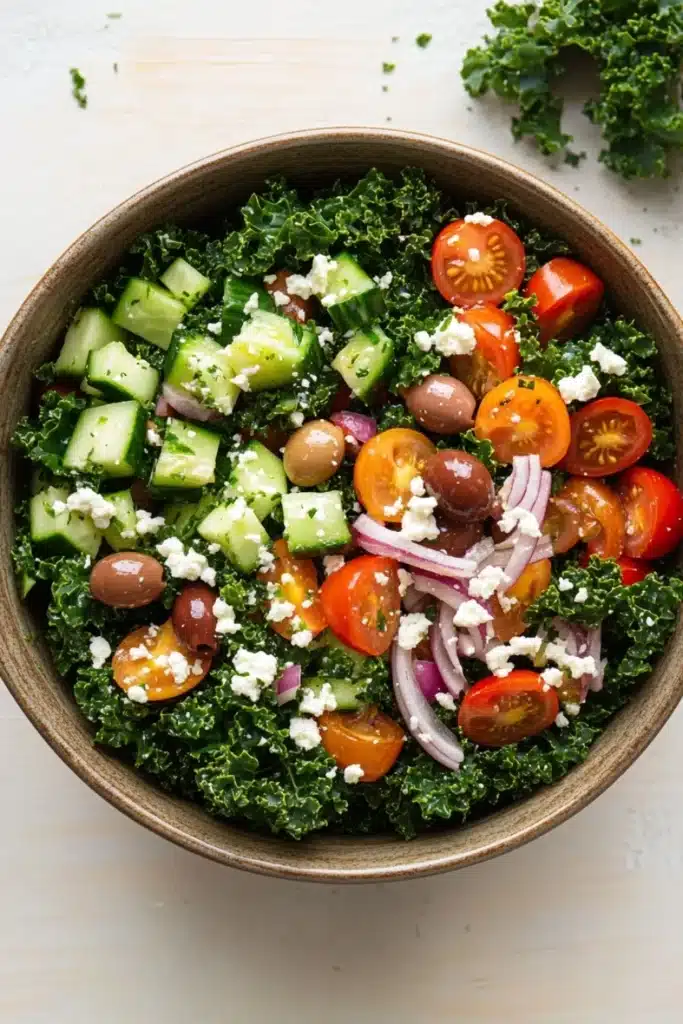 Greek salad kale - the image is of a large wooden bowl filled with a colorful salad. the salad is made up of kale leaves, sliced cucumbers, cherry tomatoes, red onions, and feta cheese. the tomatoes are bright red and appear to be ripe and juicy. the cucumbers are cut into small cubes and are scattered throughout the salad. there are also some olives and red onions scattered throughout. the bowl is sitting on a white wooden table with a sprig of parsley on the side. the overall color scheme of the salad is vibrant and appetizing.