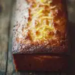 Greek yogurt lemon loaf cake - the image is a close-up of a freshly baked loaf of bread on a wooden table. the bread appears to be golden brown in color and has a slightly crumbly texture. on top of the bread, there is a layer of orange zest, which is visible in the center of the loaf. the zest is sprinkled with powdered sugar, giving it a shiny appearance. the background is blurred, making the bread the focal point of the image.