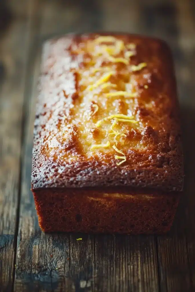 Greek yogurt lemon loaf cake - the image is a close-up of a freshly baked loaf of bread on a wooden table. the bread appears to be golden brown in color and has a slightly crumbly texture. on top of the bread, there is a layer of orange zest, which is visible in the center of the loaf. the zest is sprinkled with powdered sugar, giving it a shiny appearance. the background is blurred, making the bread the focal point of the image.