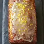 Greek yogurt lemon loaf cake - the image shows a rectangular loaf of bread on a black slate board. the bread appears to be freshly baked and has a golden brown crust. on top of the bread, there is a drizzle of orange glaze that is dripping down the sides. the glaze is drizzled over the top, creating a smooth and glossy texture. there are also small yellow zucchini flowers scattered throughout the glaze, adding a pop of color to the dish. the background is a dark grey countertop, making the bread stand out.