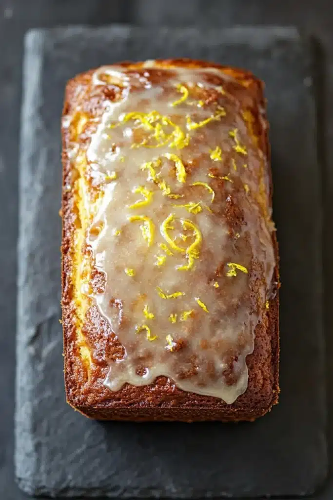 Greek yogurt lemon loaf cake - the image shows a rectangular loaf of bread on a black slate board. the bread appears to be freshly baked and has a golden brown crust. on top of the bread, there is a drizzle of orange glaze that is dripping down the sides. the glaze is drizzled over the top, creating a smooth and glossy texture. there are also small yellow zucchini flowers scattered throughout the glaze, adding a pop of color to the dish. the background is a dark grey countertop, making the bread stand out.