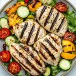 Grilled chicken breast dinner - the image is a close-up of a plate of grilled chicken salad. the plate is round and has a light brown color. the chicken is cooked to a golden brown color and has black sesame seeds sprinkled on top. it is arranged in a circular pattern on the plate. the salad is made up of various vegetables, including sliced cucumbers, cherry tomatoes, red onions, and yellow bell peppers. the vegetables are arranged around the chicken, creating a colorful and appetizing presentation. the salad is garnished with a sprinkle of herbs and spices. the background is a white marble countertop.