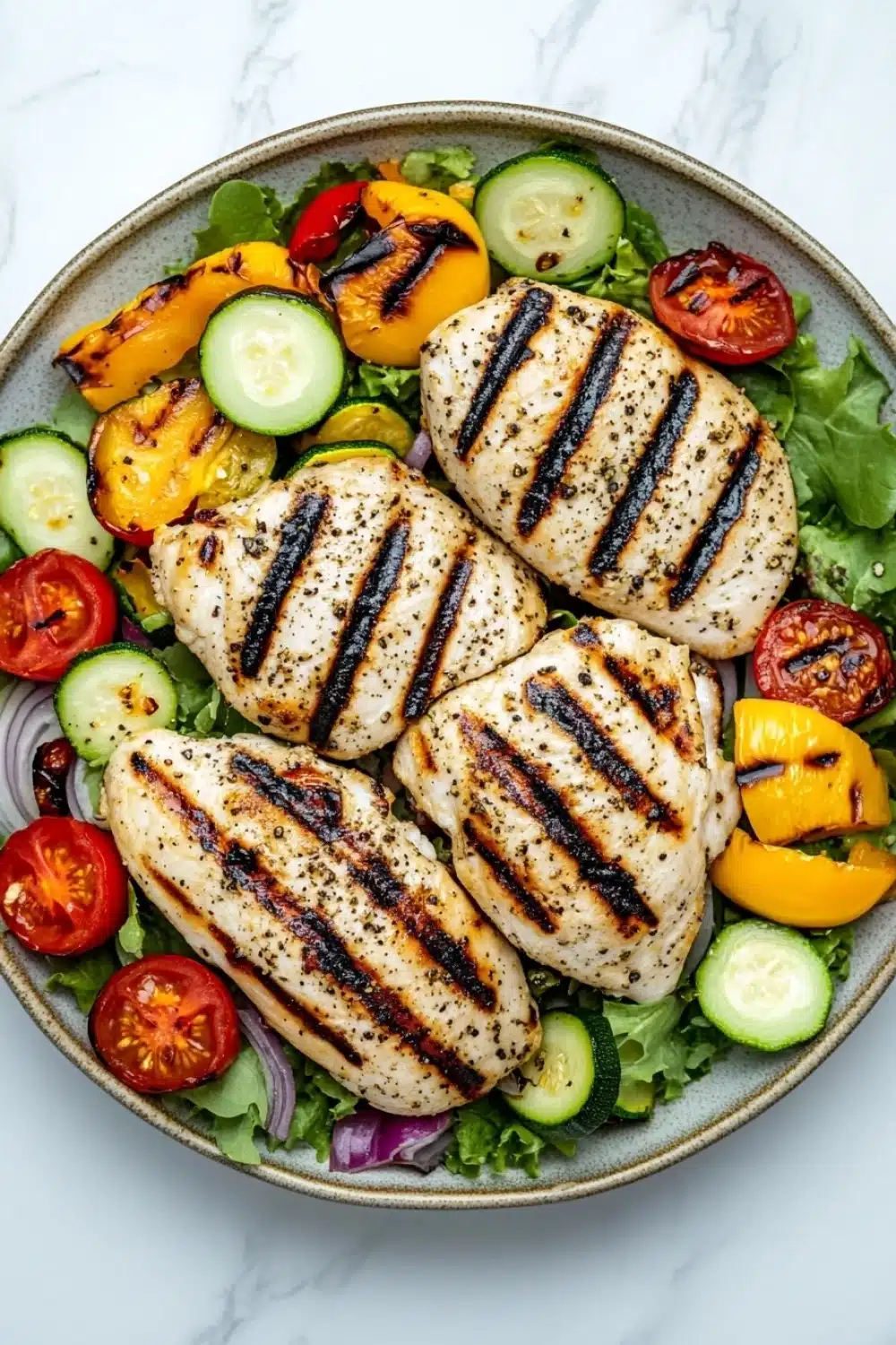 Grilled chicken breast dinner - the image is a close-up of a plate of grilled chicken salad. the plate is round and has a light brown color. the chicken is cooked to a golden brown color and has black sesame seeds sprinkled on top. it is arranged in a circular pattern on the plate. the salad is made up of various vegetables, including sliced cucumbers, cherry tomatoes, red onions, and yellow bell peppers. the vegetables are arranged around the chicken, creating a colorful and appetizing presentation. the salad is garnished with a sprinkle of herbs and spices. the background is a white marble countertop.