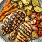 Grilled chicken breast dinner - the image shows a plate of grilled chicken and vegetables. the chicken is cooked to a golden brown color and has a crispy texture. it is garnished with fresh herbs, likely parsley or cilantro. the vegetables on the plate include roasted carrots, zucchini, potatoes, and red bell peppers. the plate is made of light-colored ceramic and is placed on a white marble countertop.