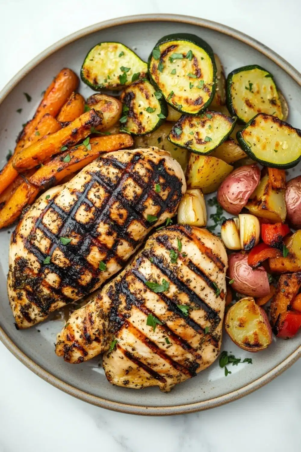 Grilled chicken breast dinner - the image shows a plate of grilled chicken and vegetables. the chicken is cooked to a golden brown color and has a crispy texture. it is garnished with fresh herbs, likely parsley or cilantro. the vegetables on the plate include roasted carrots, zucchini, potatoes, and red bell peppers. the plate is made of light-colored ceramic and is placed on a white marble countertop.