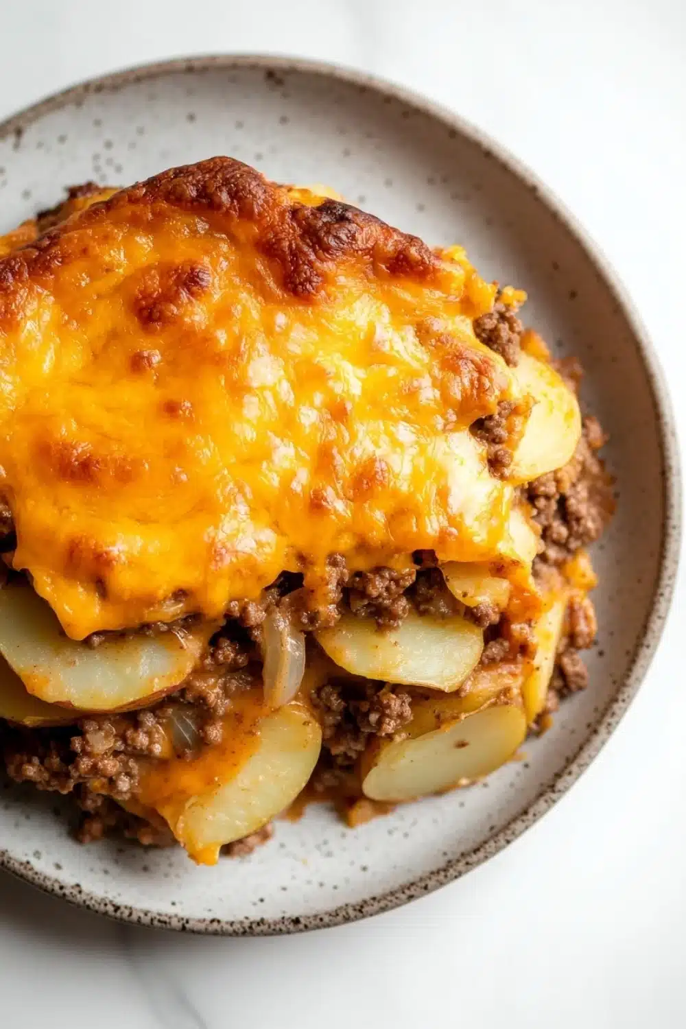 Ground beef and sliced potato casserole - the image is a close-up of a plate of food. the plate is round and has a light brown color with a speckled pattern. on top of the plate, there is a layer of melted cheese that is golden brown and bubbly. the cheese appears to be melted and oozing out of the sides. below the cheese, there are chunks of ground beef, diced potatoes, and onions. the dish looks freshly baked and ready to eat.