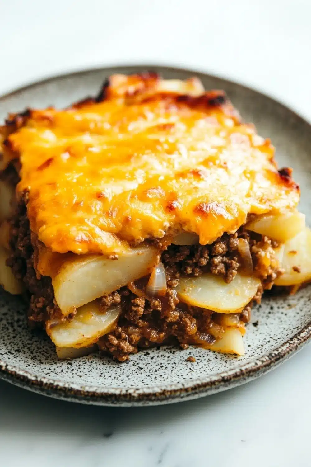Ground beef and sliced potato casserole - the image shows a slice of lasagna on a gray plate. the lasagna has a golden brown crust on top and is covered in melted cheese. the cheese is melted and bubbly, and it appears to be freshly baked. on top of the lasagna, there is a layer of ground beef and diced potatoes. the plate is sitting on a white marble countertop.