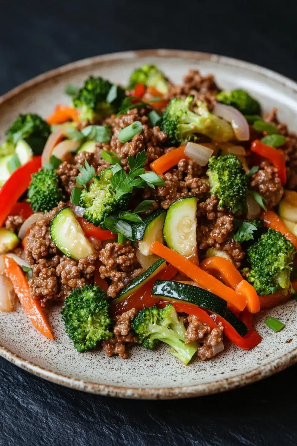 Ground beef and veggies - the image is a close-up of a plate of food. the plate is round and has a speckled texture. the food appears to be a stir-fry dish with ground beef, broccoli, carrots, zucchini, and red bell peppers. the beef is cooked to a golden brown color and is garnished with fresh cilantro. the vegetables are arranged in a colorful and appetizing manner. the background is dark, making the colors of the food stand out.