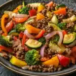 Ground beef and veggies - the image is a close-up of a dish in a black bowl. the dish appears to be a stir-fry with a variety of vegetables, including broccoli, zucchini, bell peppers, and red onions. the vegetables are mixed together with ground beef, which is visible in the center of the dish. the beef is a dark brown color and looks crispy on the outside. the bell peppers are bright orange and yellow, while the zucchinis are yellow and red. the onions are thin and red, and they are scattered throughout the dish, adding a pop of color. the bowl is sitting on a dark grey countertop.