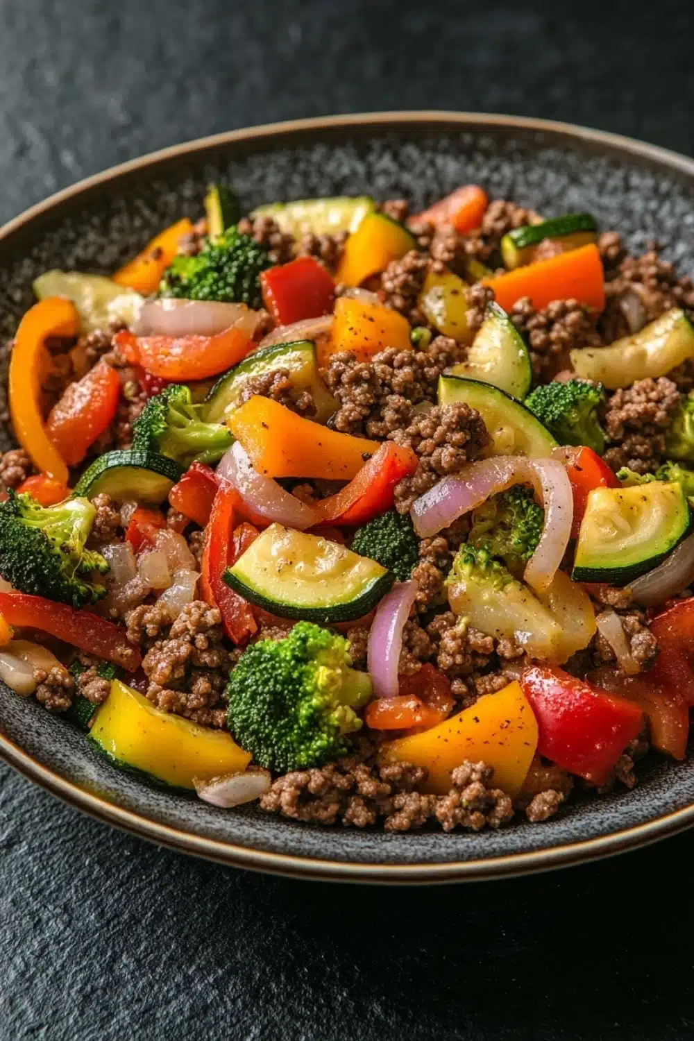 Ground beef and veggies - the image is a close-up of a dish in a black bowl. the dish appears to be a stir-fry with a variety of vegetables, including broccoli, zucchini, bell peppers, and red onions. the vegetables are mixed together with ground beef, which is visible in the center of the dish. the beef is a dark brown color and looks crispy on the outside. the bell peppers are bright orange and yellow, while the zucchinis are yellow and red. the onions are thin and red, and they are scattered throughout the dish, adding a pop of color. the bowl is sitting on a dark grey countertop.