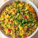 Ground beef and yellow rice for dinner - the image shows a large white bowl filled with a colorful dish. the dish appears to be a mixture of ground beef, yellow rice, and various vegetables such as bell peppers, carrots, and onions. the ground beef is mixed with the yellow rice and the vegetables, creating a colorful and appetizing appearance. the bowl is sitting on a wooden table with a few sprigs of parsley scattered around it. the overall color palette of the dish is warm and inviting, with shades of yellow, orange, and green.