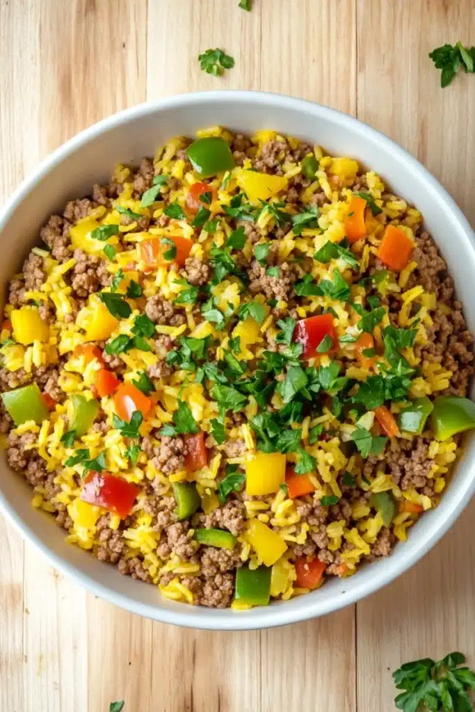 Ground beef and yellow rice for dinner - the image shows a large white bowl filled with a colorful dish. the dish appears to be a mixture of ground beef, yellow rice, and various vegetables such as bell peppers, carrots, and onions. the ground beef is mixed with the yellow rice and the vegetables, creating a colorful and appetizing appearance. the bowl is sitting on a wooden table with a few sprigs of parsley scattered around it. the overall color palette of the dish is warm and inviting, with shades of yellow, orange, and green.