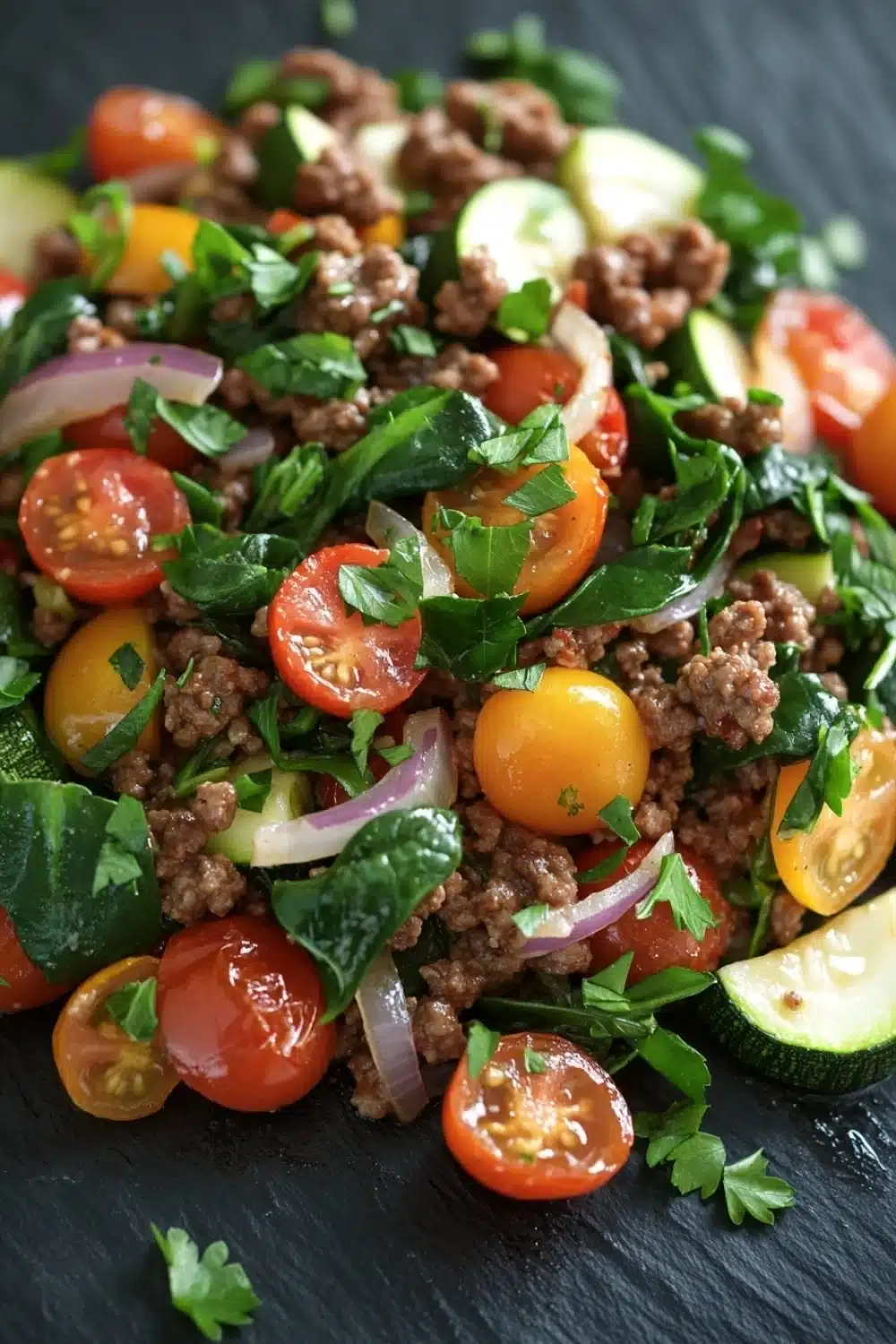 Ground beef dinner low calorie - the image is a close-up of a salad on a black slate plate. the salad is made up of various ingredients, including diced tomatoes, cucumbers, onions, and basil leaves. the tomatoes are bright red and appear to be ripe and juicy, while the cucumbers are sliced and arranged in a circular pattern. the onions are sliced into thin strips and are scattered throughout the salad. the basil leaves are a vibrant green color and add a pop of color to the dish. the overall appearance of the salad is fresh and appetizing.
