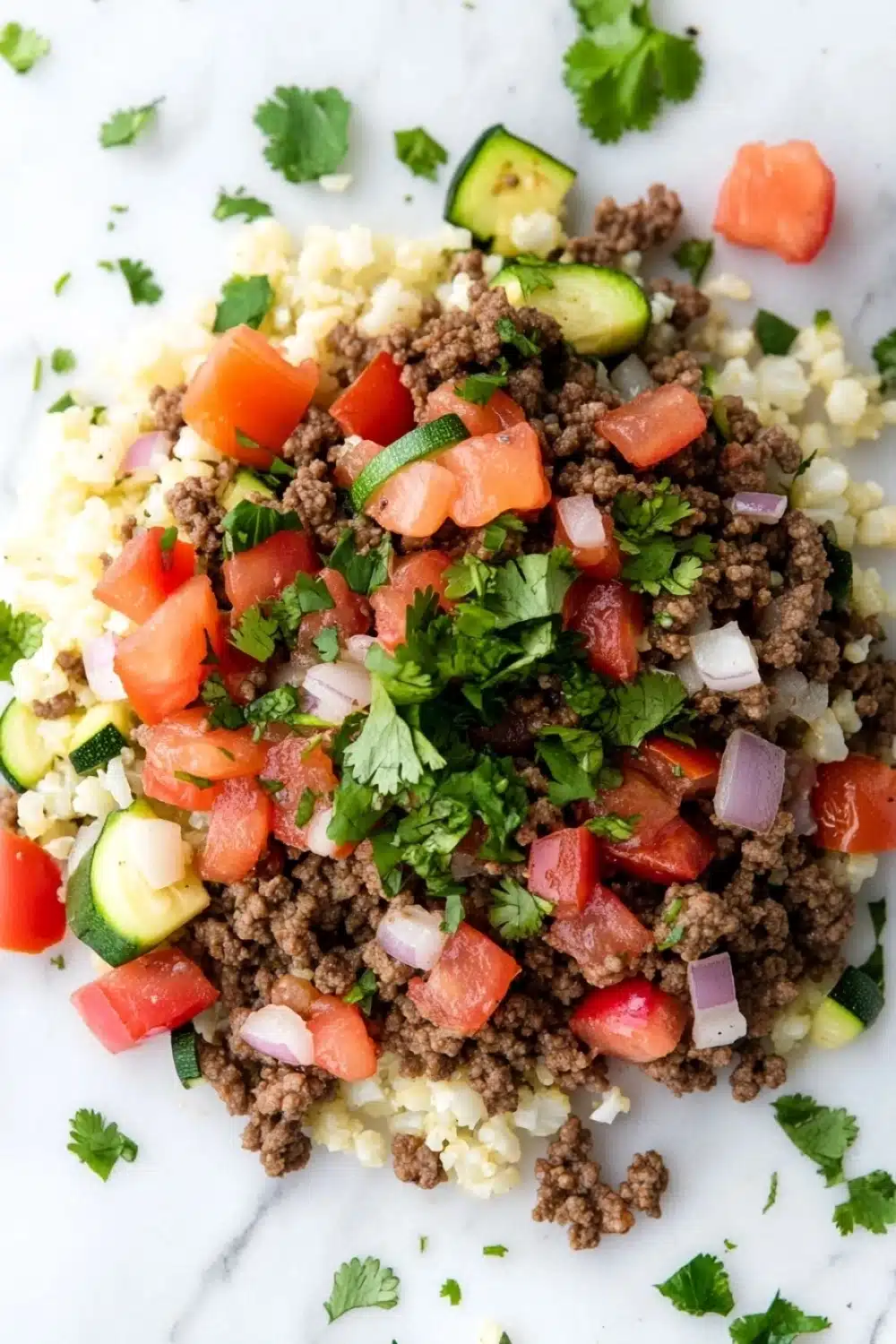 Ground beef dinner low calorie - the image is a close-up of a dish on a white marble countertop. the dish appears to be a mixture of ground beef, diced tomatoes, cucumbers, onions, and cilantro. the ground beef is dark brown and looks to be seasoned with herbs and spices. the tomatoes are bright red and appear to be diced into small cubes. the cucumbers are cut into thin slices and are scattered throughout the dish. the onions are sliced into thin strips and are arranged in a circular pattern. the cilantro is scattered around the dish, adding a pop of green color to the image.