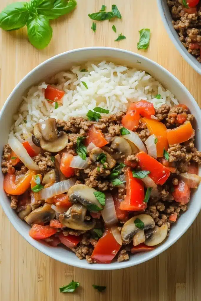 Ground beef dinner make ahead - the image shows a bowl of food on a wooden table. the bowl is white and has a serving of white rice on top. the food appears to be a dish made with ground beef, sliced mushrooms, red bell peppers, and onions. there are also some fresh basil leaves scattered around the bowl. in the background, there is another bowl of the same dish. the overall color scheme of the image is warm and inviting.