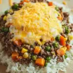 Ground beef dinner make ahead - the image shows a close-up of a dish on a wooden cutting board. the dish appears to be a casserole or rice dish with a layer of ground beef, diced carrots, peas, and corn on top. the beef is cooked to a golden brown color and is covered in melted cheese. the rice is white and fluffy, and there are a few crumbs scattered around the dish. the background is blurred, but it seems to be an indoor setting with a gray countertop.