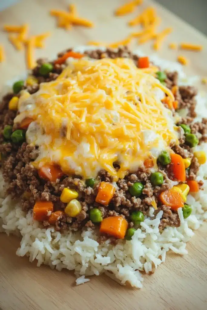 Ground beef dinner make ahead - the image shows a close-up of a dish on a wooden cutting board. the dish appears to be a casserole or rice dish with a layer of ground beef, diced carrots, peas, and corn on top. the beef is cooked to a golden brown color and is covered in melted cheese. the rice is white and fluffy, and there are a few crumbs scattered around the dish. the background is blurred, but it seems to be an indoor setting with a gray countertop.