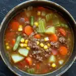 Ground beef for dinner soup - the image is a close-up of a bowl of soup on a black slate surface. the soup appears to be a vegetable soup with chunks of ground beef, carrots, celery, and corn. the vegetables are mixed in with the soup, creating a colorful and appetizing appearance. the bowl is made of ceramic and has a dark brown color. the background is blurred, making the soup the focal point of the image.