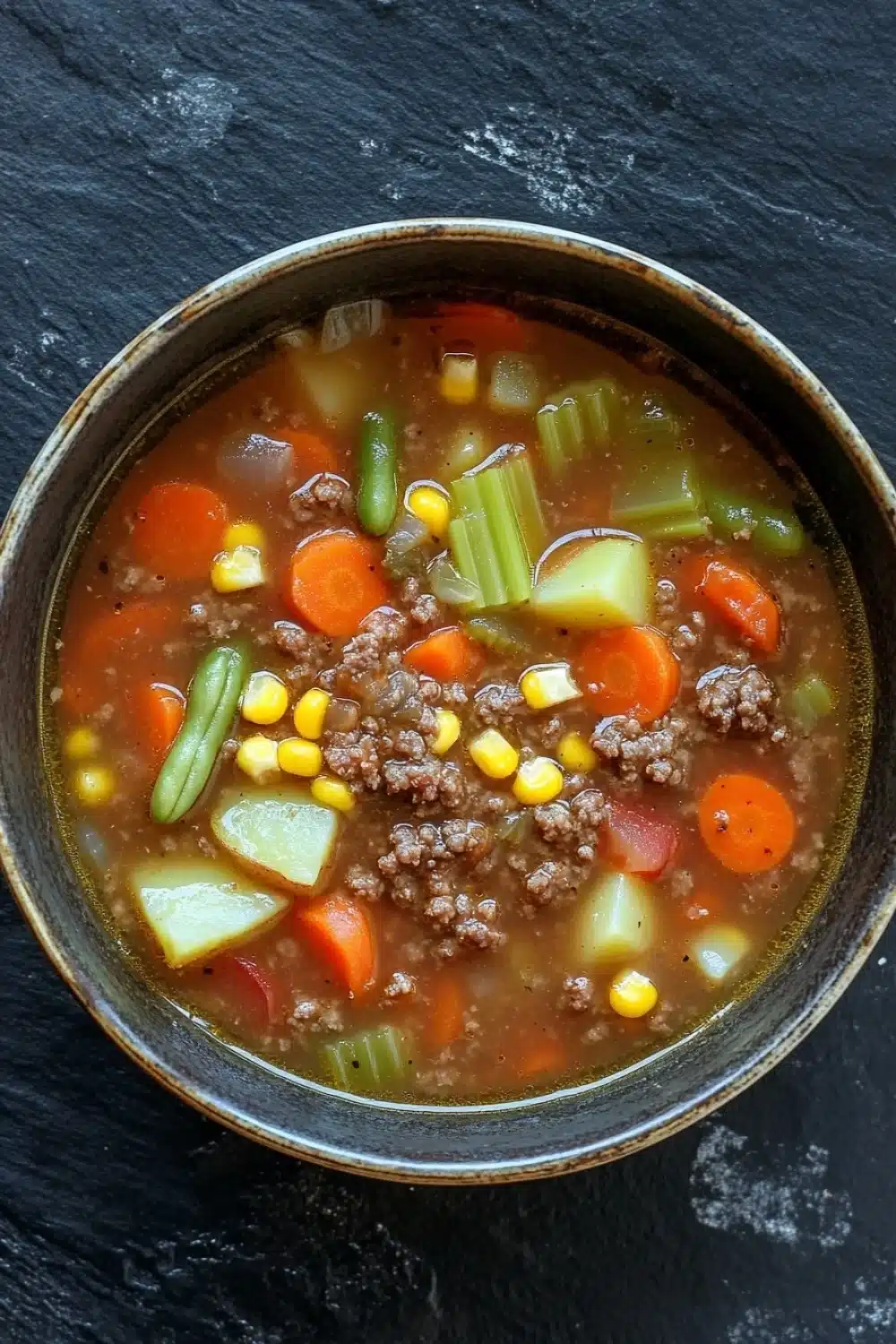 Ground beef for dinner soup - the image is a close-up of a bowl of soup on a black slate surface. the soup appears to be a vegetable soup with chunks of ground beef, carrots, celery, and corn. the vegetables are mixed in with the soup, creating a colorful and appetizing appearance. the bowl is made of ceramic and has a dark brown color. the background is blurred, making the soup the focal point of the image.