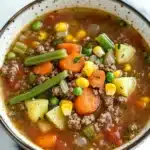 Ground beef for dinner soup - the image is a close-up of a bowl of soup. the soup appears to be a vegetable soup with chunks of ground beef, carrots, corn, and green onions mixed in. the bowl is made of ceramic and has a speckled pattern on the rim. the background is a white marble countertop.