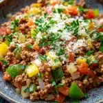 Ground beef italian - the image is a close-up of a plate of food. the plate is made of ceramic and has a dark blue speckled pattern. the food appears to be a dish made with ground beef, diced tomatoes, bell peppers, onions, and other vegetables. the dish is garnished with chopped parsley and grated cheese. the background is a dark grey countertop.