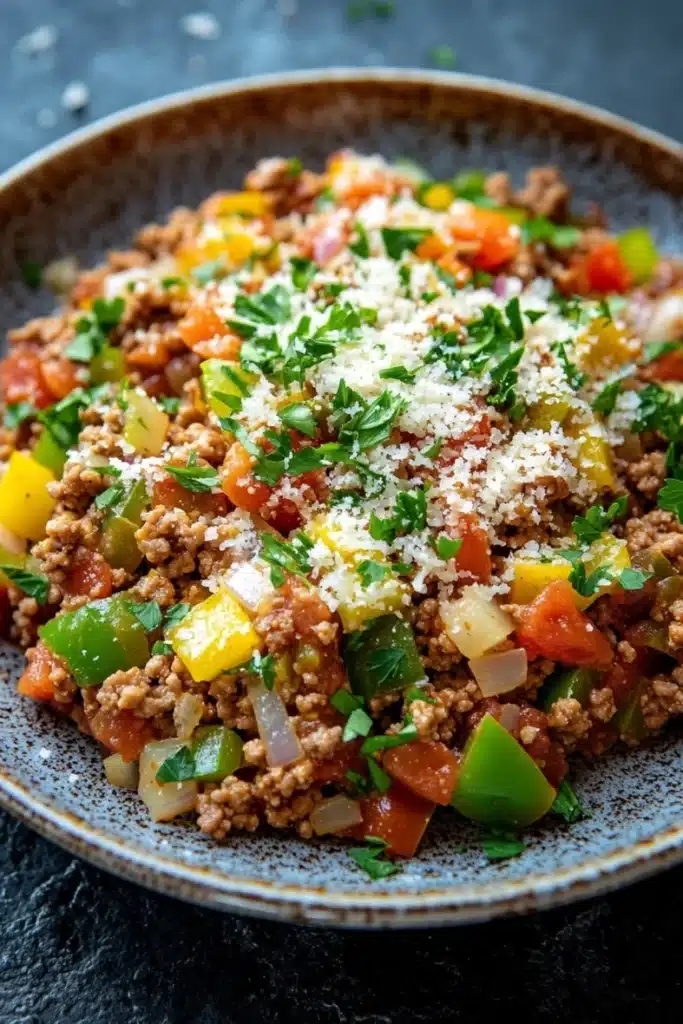 Ground beef italian - the image is a close-up of a plate of food. the plate is made of ceramic and has a dark blue speckled pattern. the food appears to be a dish made with ground beef, diced tomatoes, bell peppers, onions, and other vegetables. the dish is garnished with chopped parsley and grated cheese. the background is a dark grey countertop.
