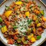Ground beef italian - the image is a close-up of a plate of food. the plate is round and has a light brown color with a speckled pattern. the food appears to be a dish made with ground beef, diced bell peppers, onions, and other vegetables. the dish is garnished with chopped herbs and grated parmesan cheese. the background is a dark grey textured surface.