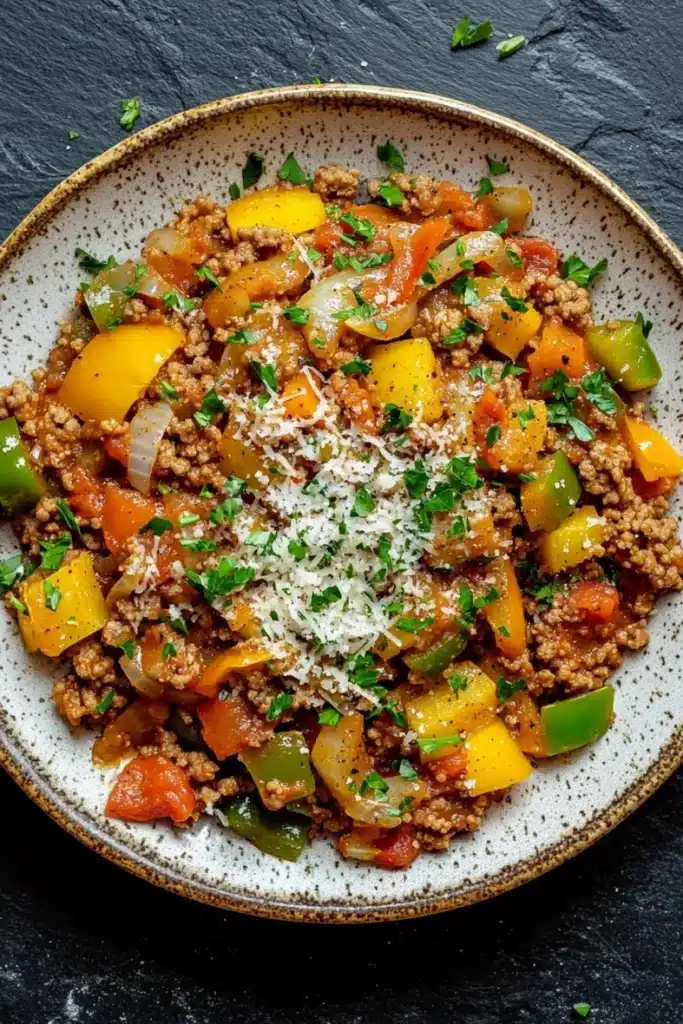 Ground beef italian - the image is a close-up of a plate of food. the plate is round and has a light brown color with a speckled pattern. the food appears to be a dish made with ground beef, diced bell peppers, onions, and other vegetables. the dish is garnished with chopped herbs and grated parmesan cheese. the background is a dark grey textured surface.