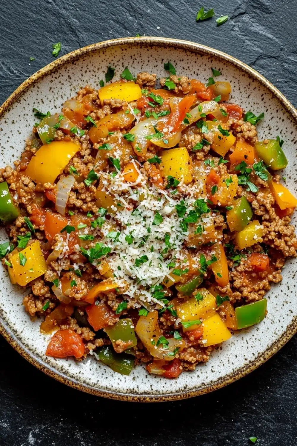 Ground beef italian - the image is a close-up of a plate of food. the plate is round and has a light brown color with a speckled pattern. the food appears to be a dish made with ground beef, diced bell peppers, onions, and other vegetables. the dish is garnished with chopped herbs and grated parmesan cheese. the background is a dark grey textured surface.