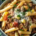 Ground beef pasta dish - the image is a close-up of a bowl of pasta dish. the pasta appears to be penne, which is a type of penne pasta, and it is cooked in a tomato-based sauce. the dish is garnished with chopped parsley and grated parmesan cheese. the colors of the dish are red, orange, and yellow, and the meat is a mix of ground beef, tomato sauce, and other vegetables. the bowl is sitting on a black surface, and there are a few sprigs of parsley scattered around the bowl.