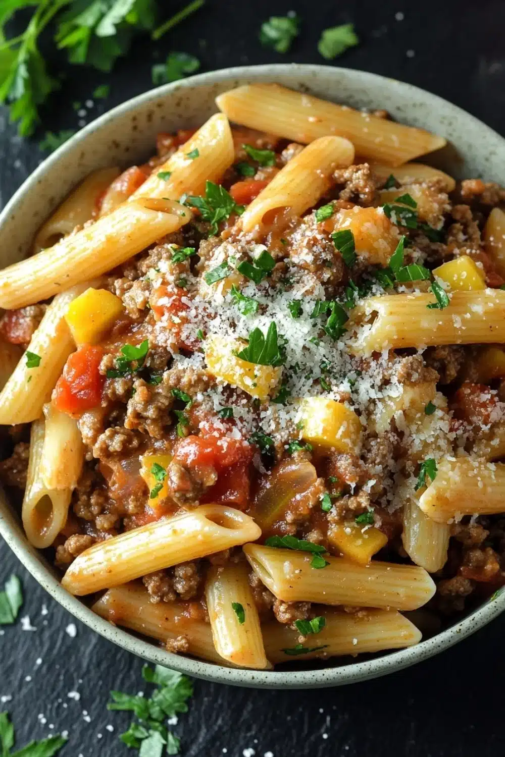 Ground beef pasta dish - the image is a close-up of a bowl of pasta dish. the pasta appears to be penne, which is a type of penne pasta, and it is cooked in a tomato-based sauce. the dish is garnished with chopped parsley and grated parmesan cheese. the colors of the dish are red, orange, and yellow, and the meat is a mix of ground beef, tomato sauce, and other vegetables. the bowl is sitting on a black surface, and there are a few sprigs of parsley scattered around the bowl.