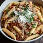 Ground beef pasta dish - the image is a close-up of a bowl of penne pasta dish. the pasta is cooked al dente and is topped with a rich, red sauce and chunks of ground meat. the sauce appears to be tomato-based and is drizzled over the top. the dish is garnished with chopped parsley and grated parmesan cheese. the bowl is sitting on a wooden table with a few sprigs of parsley scattered around it. the overall color palette of the dish is warm and inviting.