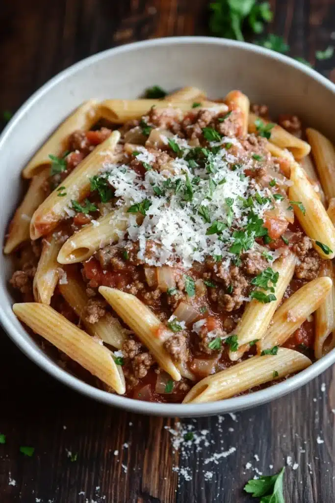 Ground beef pasta dish - the image is a close-up of a bowl of penne pasta dish. the pasta is cooked al dente and is topped with a rich, red sauce and chunks of ground meat. the sauce appears to be tomato-based and is drizzled over the top. the dish is garnished with chopped parsley and grated parmesan cheese. the bowl is sitting on a wooden table with a few sprigs of parsley scattered around it. the overall color palette of the dish is warm and inviting.