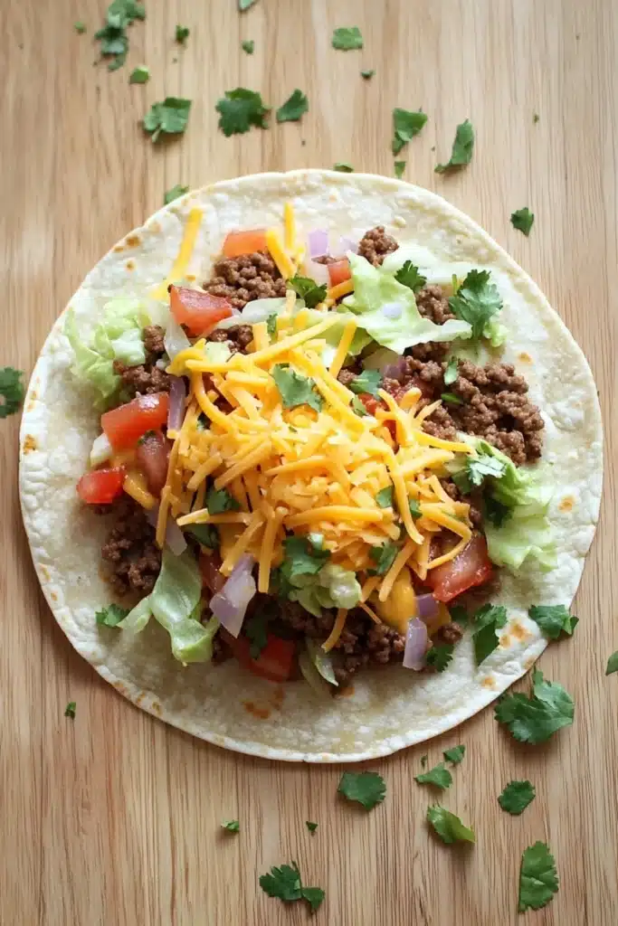 Ground beef skillet taco - the image is of a taco on a wooden table. the taco is made with a tortilla shell and is filled with ground beef, diced tomatoes, onions, and cilantro. on top of the beef, there is a generous amount of shredded cheese. the cheese is yellow and appears to be melted and bubbly. there are also a few sprigs of cilantro scattered around the tortilla, adding a pop of green color to the dish.