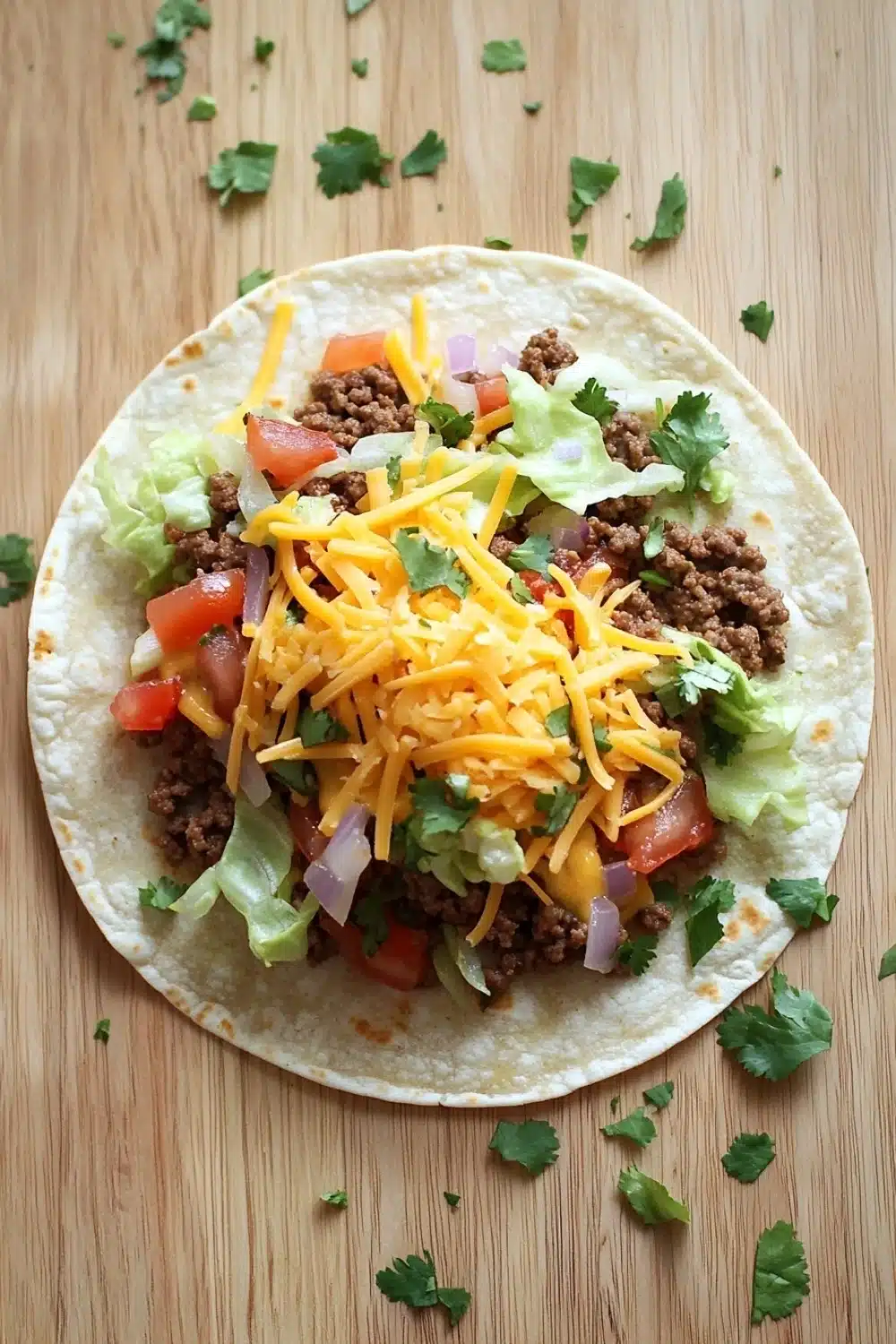 Ground beef skillet taco - the image is of a taco on a wooden table. the taco is made with a tortilla shell and is filled with ground beef, diced tomatoes, onions, and cilantro. on top of the beef, there is a generous amount of shredded cheese. the cheese is yellow and appears to be melted and bubbly. there are also a few sprigs of cilantro scattered around the tortilla, adding a pop of green color to the dish.