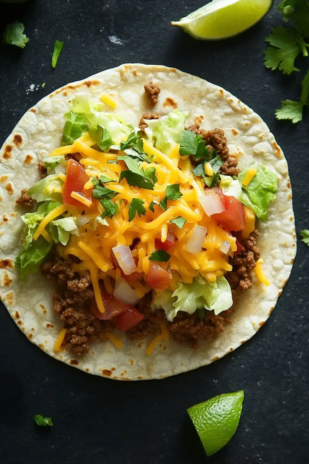 Ground beef skillet taco - the image is a close-up of a taco on a black surface. the taco is made with a tortilla shell and is filled with ground beef, diced tomatoes, onions, and cilantro. the cheese is melted and bubbly on top, and there are two lime wedges on either side of the tortilla. there are also a few sprigs of cilantro scattered around the dish. the background is dark, making the taco stand out.