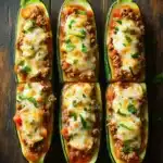 Ground beef zucchini boats - the image shows six stuffed zucchini boats arranged in a row on a dark wooden surface. each zucchinis are filled with a mixture of ground meat, tomato sauce, and cheese. the meat appears to be ground beef, and the cheese is melted and bubbly on top. the boats are garnished with fresh cilantro leaves. the overall presentation of the dish is appetizing and visually appealing.