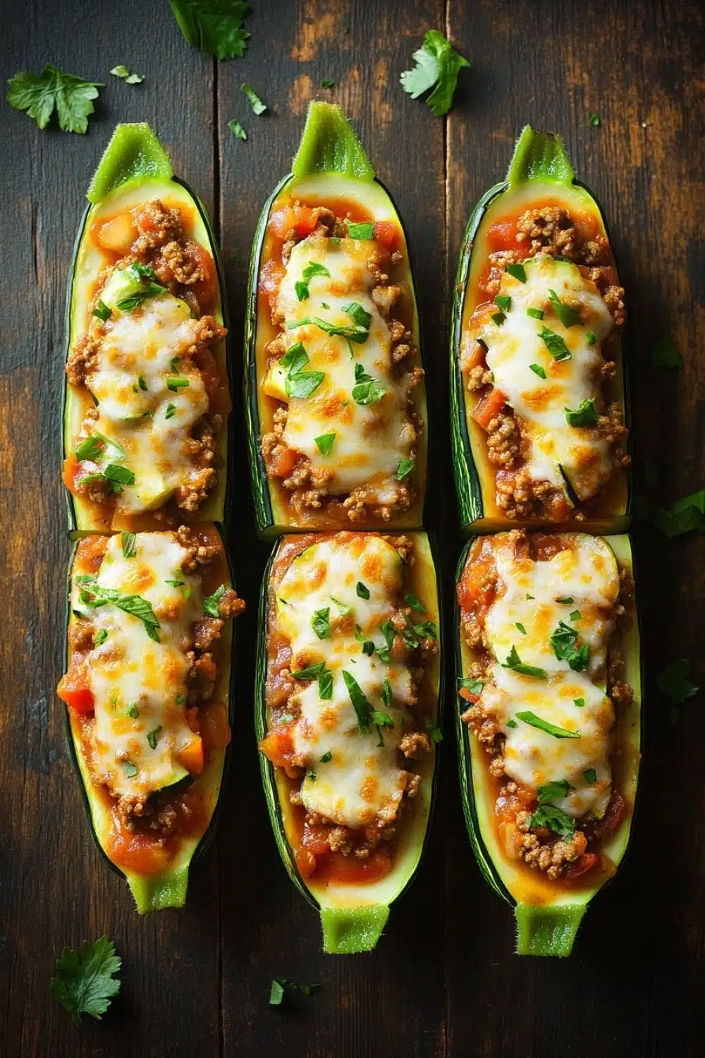 Ground beef zucchini boats - the image shows six stuffed zucchini boats arranged in a row on a dark wooden surface. each zucchinis are filled with a mixture of ground meat, tomato sauce, and cheese. the meat appears to be ground beef, and the cheese is melted and bubbly on top. the boats are garnished with fresh cilantro leaves. the overall presentation of the dish is appetizing and visually appealing.