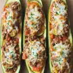 Ground beef zucchini boats - the image shows three stuffed zucchini boats on a wooden cutting board. the boats are arranged in a row and are filled with a mixture of ground meat, cheese, and vegetables. the meat appears to be ground beef, and the cheese is melted and bubbly on top. the vegetables include tomatoes, onions, and bell peppers. the zucchinis are garnished with fresh herbs. the cutting board has a light-colored wood grain pattern.