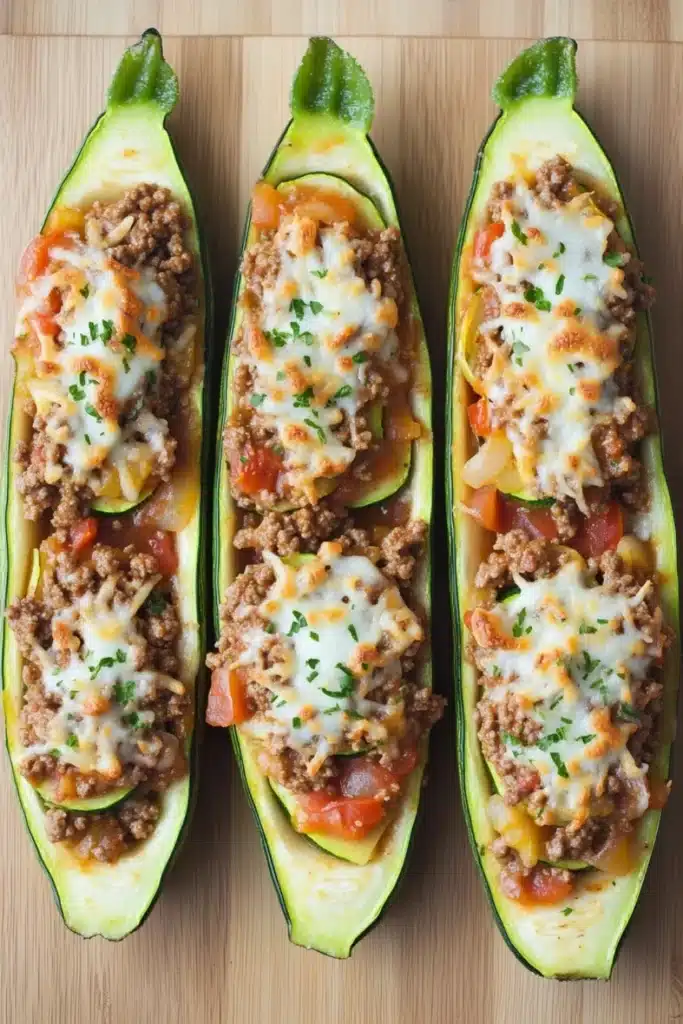Ground beef zucchini boats - the image shows three stuffed zucchini boats on a wooden cutting board. the boats are arranged in a row and are filled with a mixture of ground meat, cheese, and vegetables. the meat appears to be ground beef, and the cheese is melted and bubbly on top. the vegetables include tomatoes, onions, and bell peppers. the zucchinis are garnished with fresh herbs. the cutting board has a light-colored wood grain pattern.