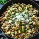 Ground chicken zucchini rice skillet - the image shows a black frying pan filled with a dish of rice and zucchini. the dish appears to be a type of ground beef or minced meat, with chunks of zucchinis scattered throughout. the rice is light brown and fluffy, and there is a sprinkle of grated parmesan cheese on top. the pan is sitting on a wooden table with a gray cloth napkin next to it. there are also a few sprigs of parsley scattered around the table. in the background, there are two wooden spoons and a whole cucumber. the overall color scheme of the image is warm and inviting.