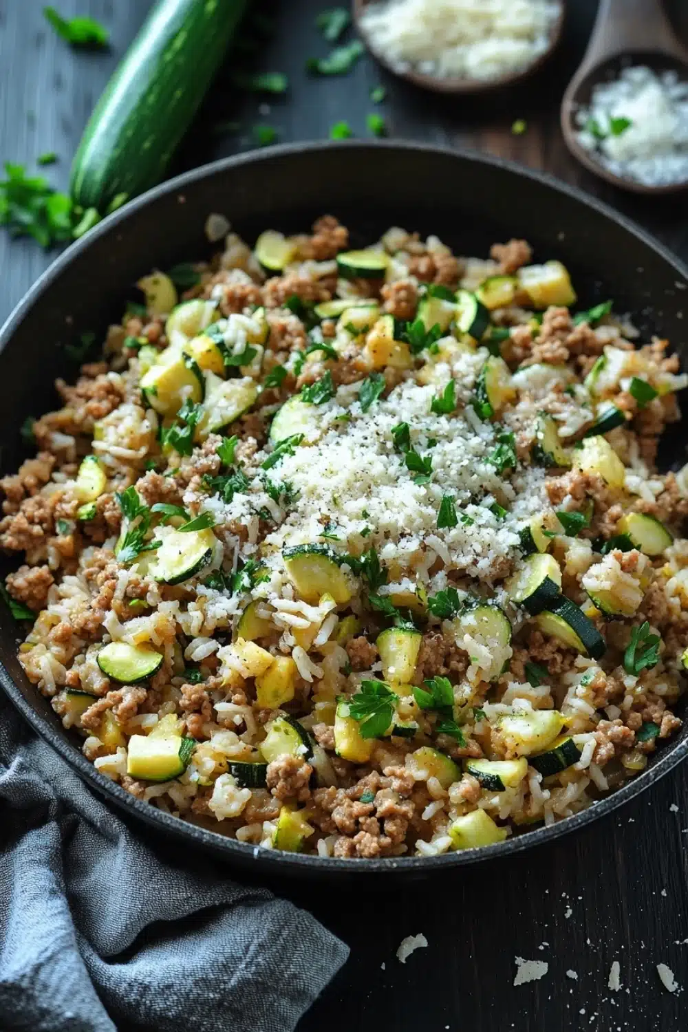 Ground chicken zucchini rice skillet - the image shows a black frying pan filled with a dish of rice and zucchini. the dish appears to be a type of ground beef or minced meat, with chunks of zucchinis scattered throughout. the rice is light brown and fluffy, and there is a sprinkle of grated parmesan cheese on top. the pan is sitting on a wooden table with a gray cloth napkin next to it. there are also a few sprigs of parsley scattered around the table. in the background, there are two wooden spoons and a whole cucumber. the overall color scheme of the image is warm and inviting.