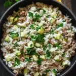 Ground chicken zucchini rice skillet - the image shows a black frying pan with a yellow handle on a wooden table. inside the pan, there is a mixture of rice, ground meat, and zucchini. the rice appears to be cooked and has a light brown color. the ground meat is visible in the center of the dish, and it is mixed with the rice and the zucchinis. there are also a few sprigs of fresh parsley scattered around the pan. the overall appearance is rustic and appetizing.