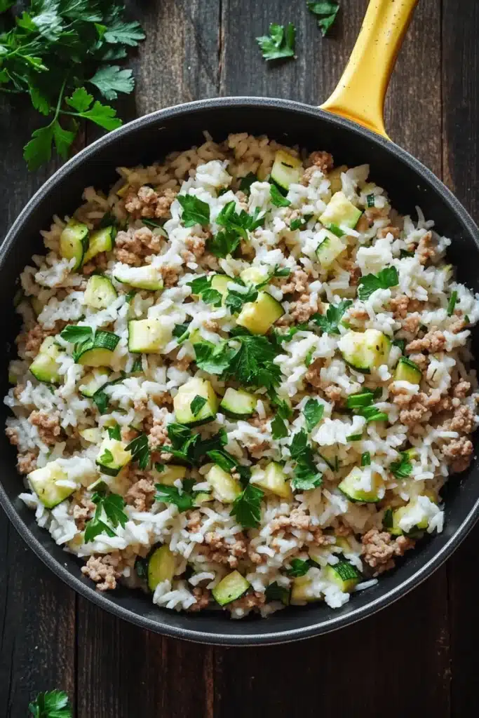 Ground chicken zucchini rice skillet - the image shows a black frying pan with a yellow handle on a wooden table. inside the pan, there is a mixture of rice, ground meat, and zucchini. the rice appears to be cooked and has a light brown color. the ground meat is visible in the center of the dish, and it is mixed with the rice and the zucchinis. there are also a few sprigs of fresh parsley scattered around the pan. the overall appearance is rustic and appetizing.