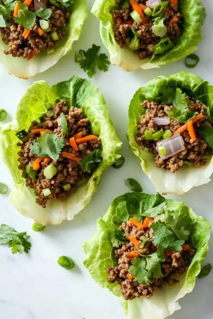 High protein beef lettuce wraps - the image shows four lettuce wraps filled with ground beef and vegetables. the lettuce wraps are arranged on a white marble surface and are garnished with fresh cilantro. the ground beef appears to be cooked and is mixed with diced carrots, onions, and green onions. the vegetables are bright orange and appear to be seasoned with herbs and spices. there are also a few sprigs of parsley scattered around the lettuce wraps.